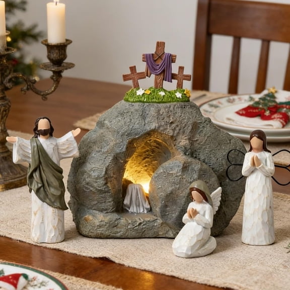 Resurrection Light Empty Tomb Easter Scene, Illuminated Garden Decoration with LED Lighting, Battery Powered Religious Display with Timer, Home Office Tabletop Tray, Church, Shelf Decor
