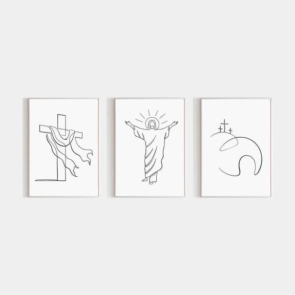 Resurrection Scene Empty Tomb Jesus Line Art Cross With Cloth Modern Christian He Is Risen Set 3 Stretched Canvas 16x24