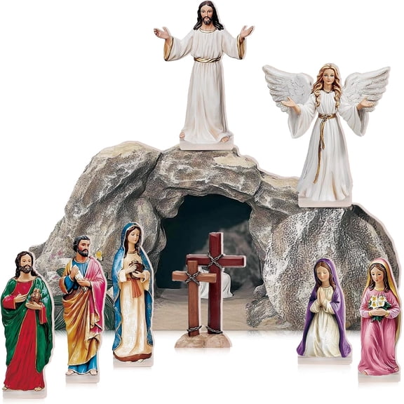 Resurrection Scene Tabletop Decoration Set, 9 Piece Wooden Cross And Empty Tomb Jesus Statue, Christian Easter Nativity Display For Spring Home Table Decor, Natural Wood