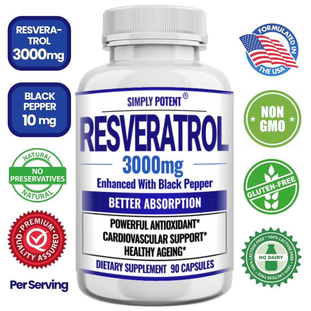 Simply Potent Resveratrol 3000mg Supplement, Max Strength 90 Caps, Enhanced with Black Pepper, Antioxidant & Anti-Aging