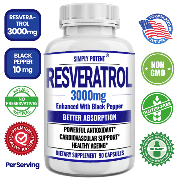 Simply Potent Resveratrol Max Strength 3000mg with Black Pepper Supplement for Anti-Aging, Skin & Heart Health, Immune System, Brain Function & Digestive Support, 90 Caps