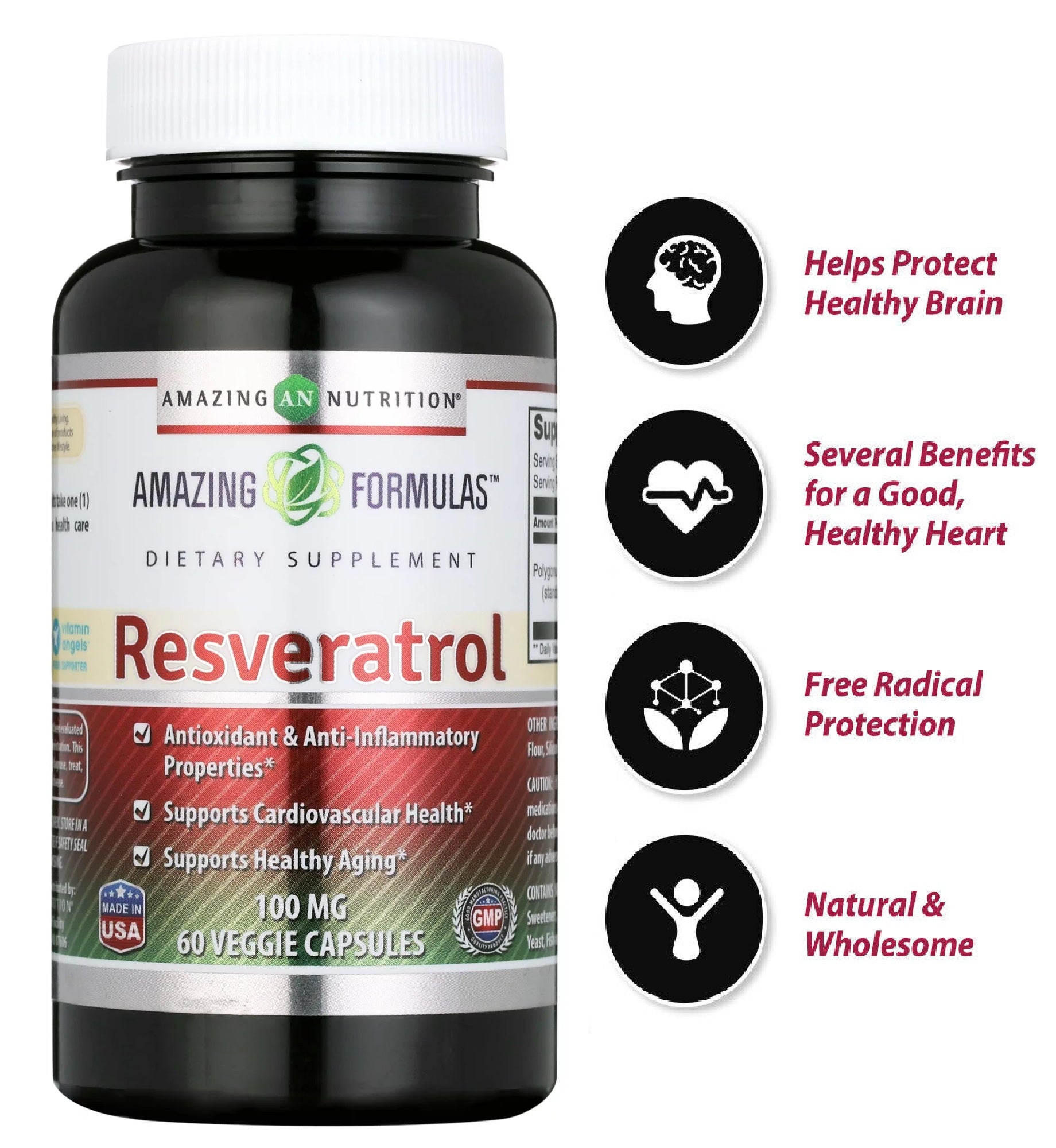 Resveratrol Capsules AntiAging Antioxidants, Brain Support, Radiant