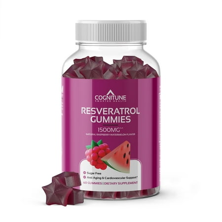 Cognitune Resveratrol Gummies, Sugar-Free Raspberry Watermelon, 1500mg Antioxidant Supplement for Heart & Brain Support