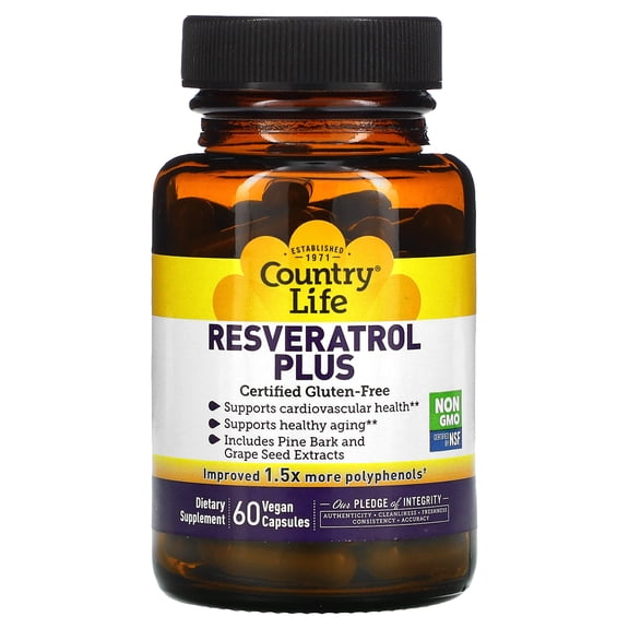 Country Life Resveratrol Plus 1000mg - Organic Antioxidant Supplement with Pine Bark & Grape Seed Extracts - Vegan, Gluten-Free, Non-GMO