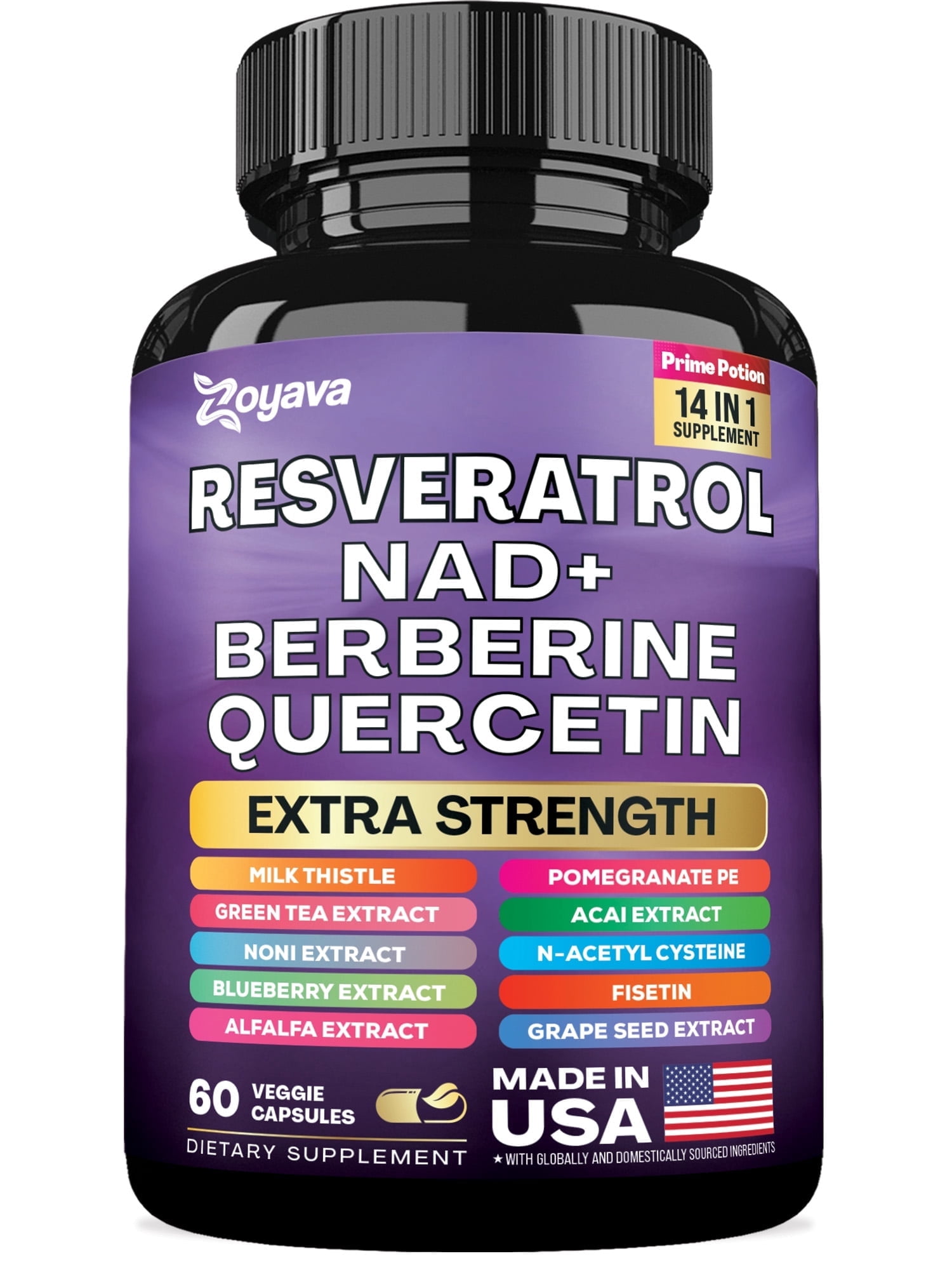 Zoyava Resveratrol Supplement with Milk Thistle, NAD+, Berberine, Quercetin, NAC, Grape Seed, Green Tea - 12600mg