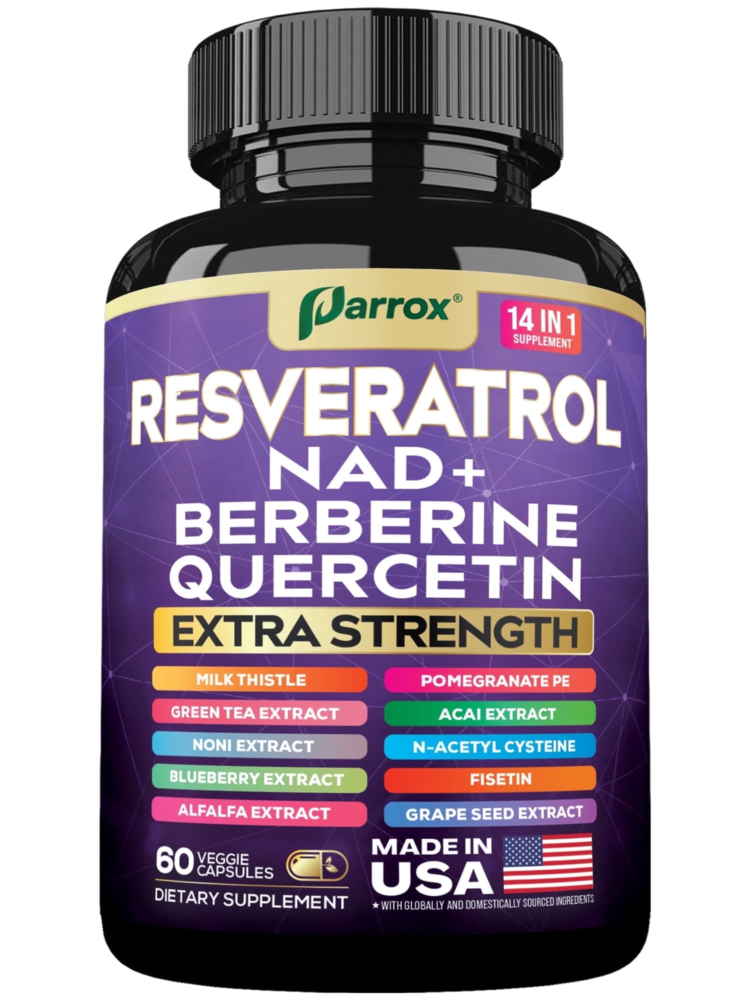 Resveratrol Supplement with Milk Thistle, NAD, Berberine, Quercetin, Fisetin, Pomegranate, Green Tea, Noni, Acai, Blueberry, Grape Seed Extracts, N-Acetyl Cysteine, 14-in-1 Extra Strength (60 Caps)