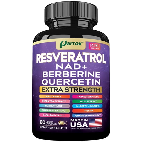 Resveratrol Supplement with Milk Thistle, NAD, Berberine, Quercetin, Fisetin, Pomegranate, Green Tea, Noni, Acai, Blueberry, Grape Seed Extracts, N-Acetyl Cysteine, 14-in-1 Extra Strength (60 Caps)