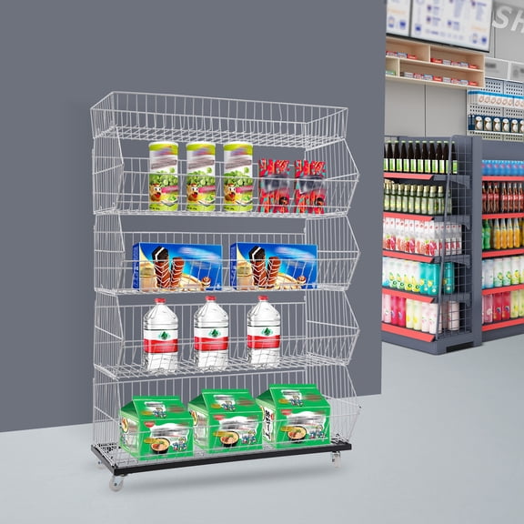 Retail Display Rack 5-Tier Market Merchandise Display Shelf Fruit Storage Shelf Vegetable Snack Basket Retail Store Supplies with Wheels for Home Store Market (18" D X 35" W X 55" H-White)