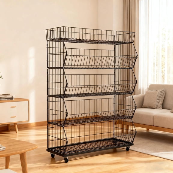 Retail Display Rack 5-Tier Market Merchandise Display Shelf Fruit Store Storage Shelf Vegetable Snack Basket Retail Store Supplies with Wheels for Home Store Market