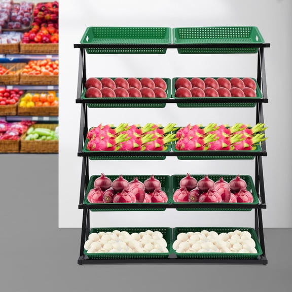 Retail Display Rack, Market Shelf, Fruit Vegetable Snack Basket Set Shelf Black+Green