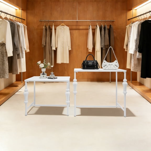Retail Display Tables Vintage Boutique Display Table Clothing Shoes Display Shelf Nesting Tables 2 Piece Set, Carbon Steel (White)