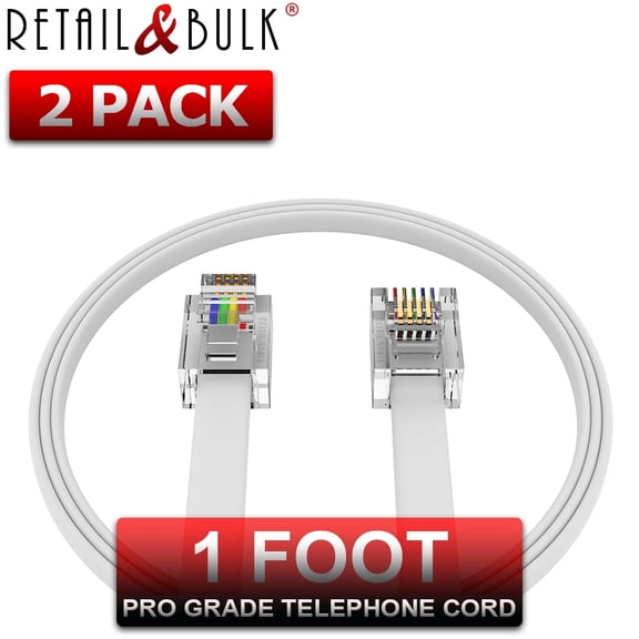 RetailAndBulk (2-Pack) 1 Foot Telephone Cable, RJ11 Phone Line Cord, Made in USA (12 inch, White)