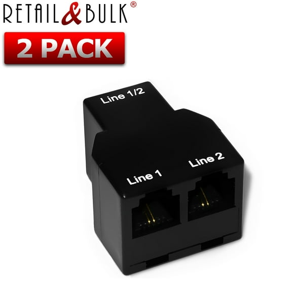 RetailAndBulk (2 Pack) Dual Telephone Line Separator/Combiner 3-Female RJ11 Jack Adapter (Black, 2 Line Phone Splitter)