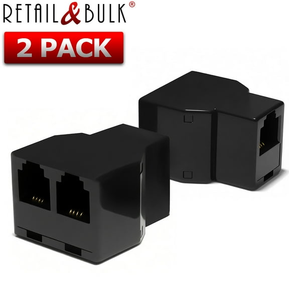 RetailAndBulk 2-Pack Telephone Line Splitter 3 Female RJ11 Jacks Duplex Adapter (2-Way Splitter, Black)