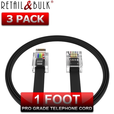 RetailAndBulk (3-Pack) 1 Foot Telephone Cable, RJ11 Phone Line Cord, Made in USA (12 inch, Black)