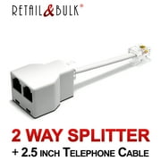 RetailAndBulk Phone Line Splitter for Landline Telephone RJ11 Jack 2 Way Adapter Splitter + 2.5 Inch Cable, White Made in USA