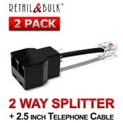 RetailAndBulk Phone Splitter for Landline Telephone RJ11 Jack 2 Way Adapter Splitters + 2.5 inch Cables, Black Made in USA