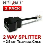 RetailAndBulk Phone Splitter for Landline Telephone RJ11 Jack 2 Way Adapter Splitters + 2.5 inch Cables, Black Made in USA