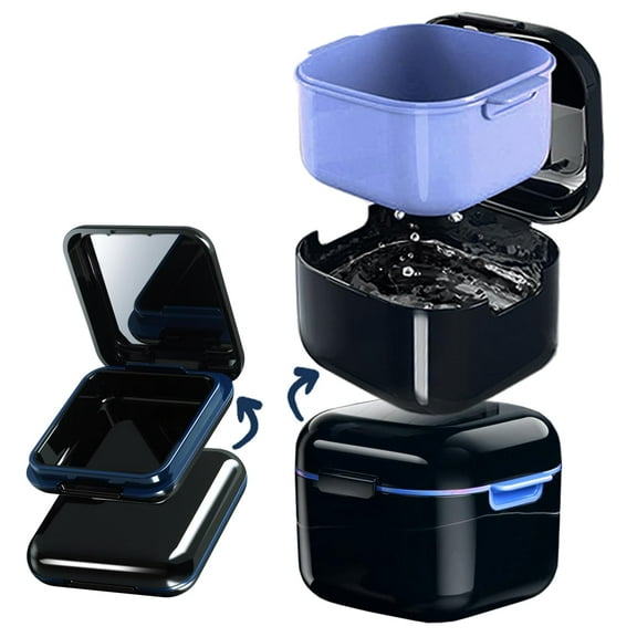 Retainer Case 2 Pack, Denture Case with Mirror, Denture Bath Box with Strainer Basket, Denture Holder Night Guard Storage Soak Container for Travel, Braces Cleaner Kit