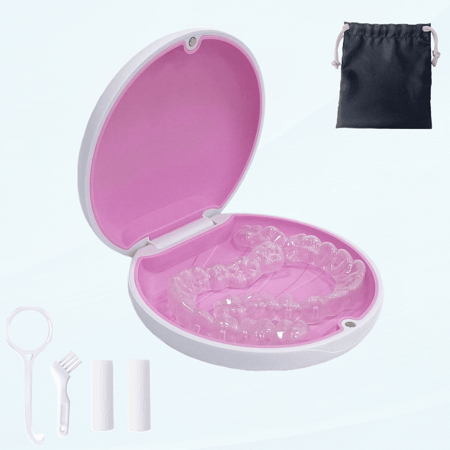 Retainer Case,Cute Slim Aligner Case Compatible with Invisalign,Retainer Holder with Aligner Remover Tool, Chew & Brush,Rope Bag (White Outside Pink Silicone)