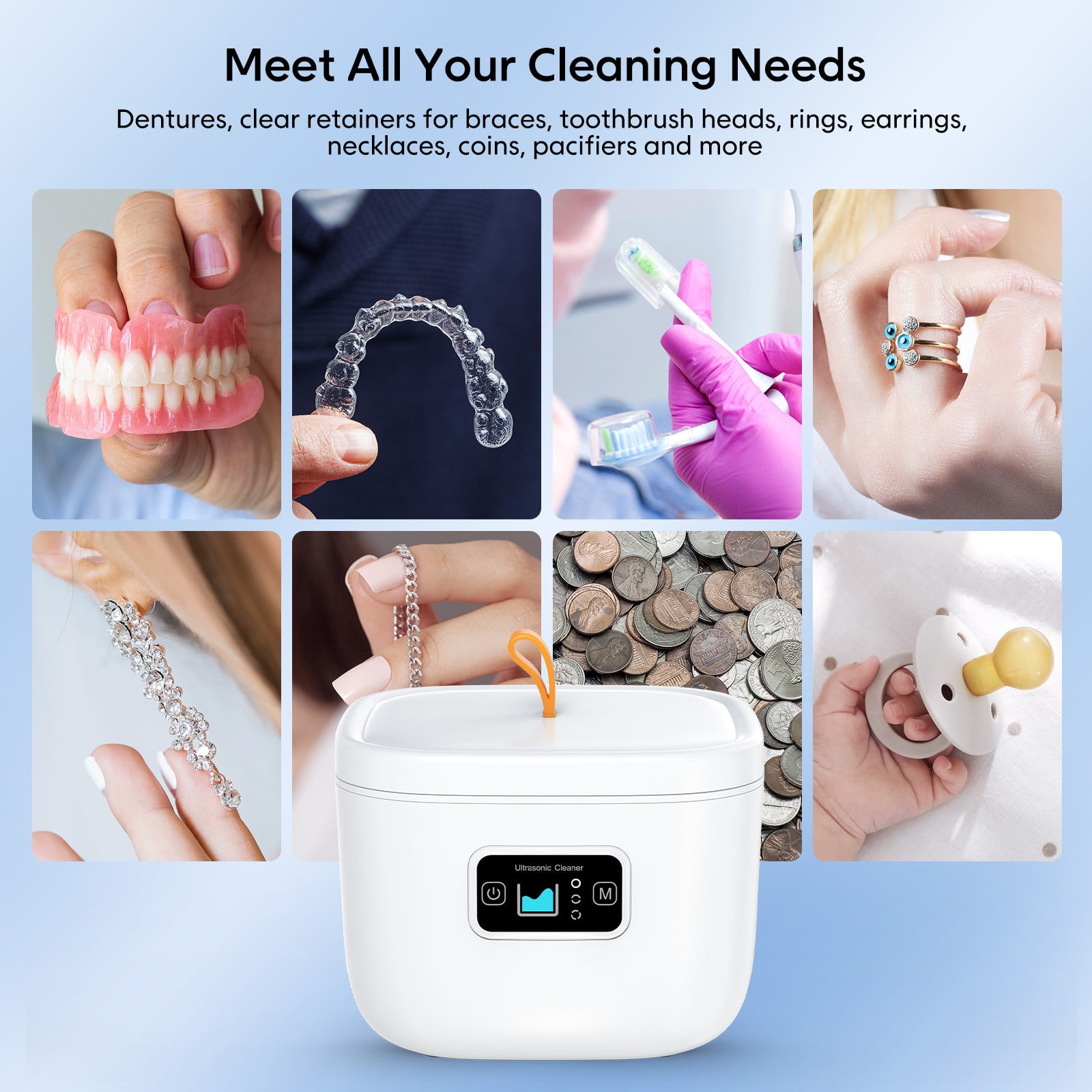Retainer Cleaner Machine For Denture Cleaner 45kHz 255ML 3 Mode Adjustable Jewelry Cleaner For