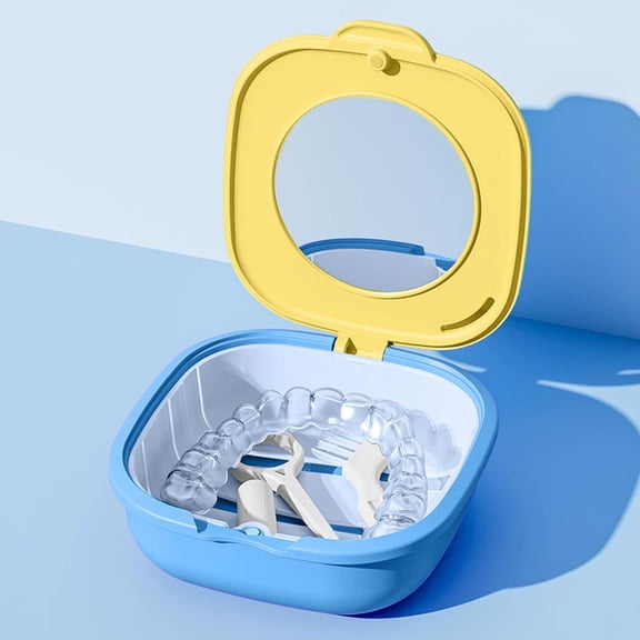 Retainer Container with Built-In Mirror, Aligner Case Portable Travel Box, Denture Case for Braces, False Teeth Container with Candy Color Design, Yellow