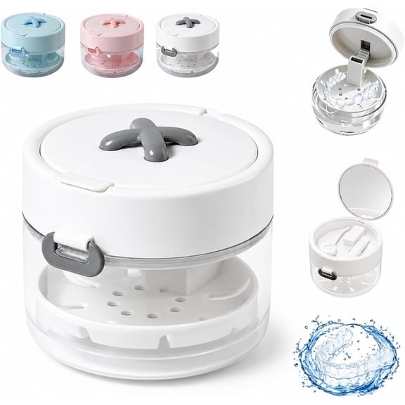 Retainer Mouth Guard Soak Container Box, Leak Proof Denture Bath Case with Strainer Basket, Travel Cleaning Storage Holder for Aligners Braces Dental, White