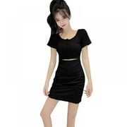 Retap Cotton Women Korean Style Casual Slim Hollow Out O Neck Short Sleeve Knitting Mini Dress