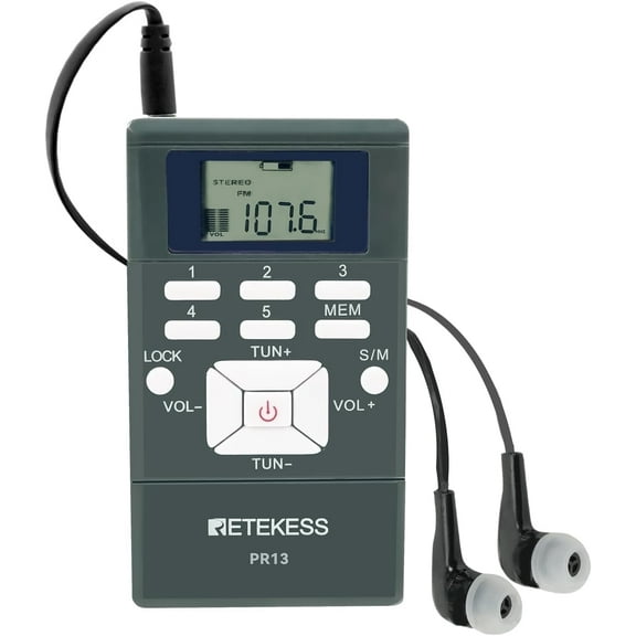 Retekess PR13 Portable FM Radio,AAA Battery Powered Personal Mini Stereo Radio with Earphone and Lock Key for Walking, Jogging, Mowing, Church, Tour Guide,Christmas New Year Gift(Gray)