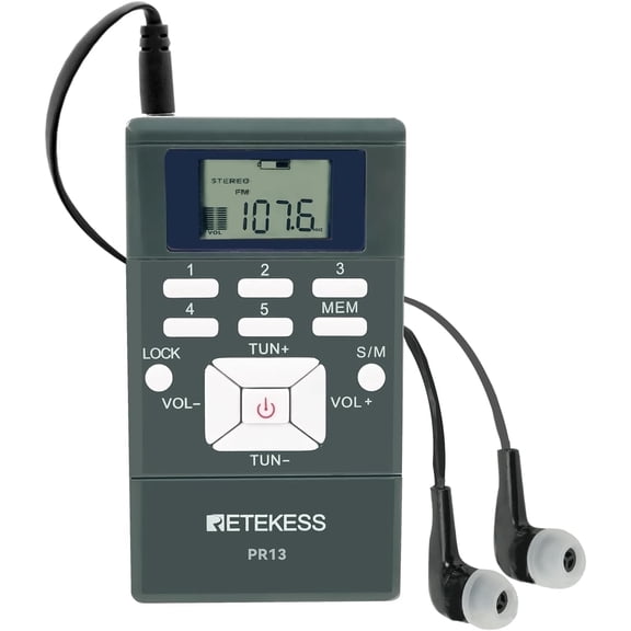 Retekess PR13 Portable FM Radio,AAA Battery Powered Personal Mini Stereo Radio with Earphone and Lock Key for Walking, Jogging, Mowing, Church, Tour Guide,Christmas New Year Gift(Gray)