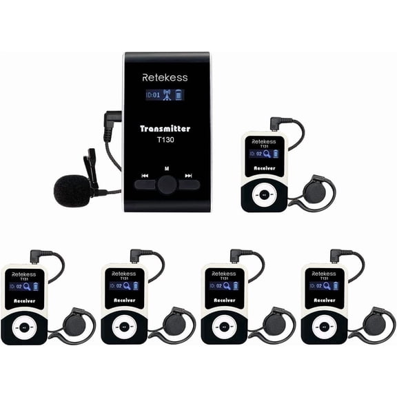 Retekess T130 Church Translation Device, Tour Guide System Rechargeable, Simple Basic, Clear Sound Quality, Whisper Devices for Church, Factory, School (1 Transmitter 5 Receivers)