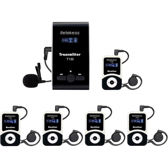 Retekess T130 Church Translation Device, Tour Guide System Rechargeable, Simple Basic, Clear Sound Quality, Whisper Devices for Church, Factory, School (1 Transmitter 5 Receivers)