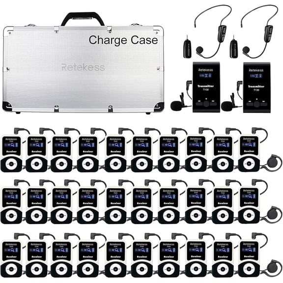 Retekess T130 Tour Guide Audio System with TT123 Wireless Microphone Headset - pack of 2 Transmitters 30 Receivers