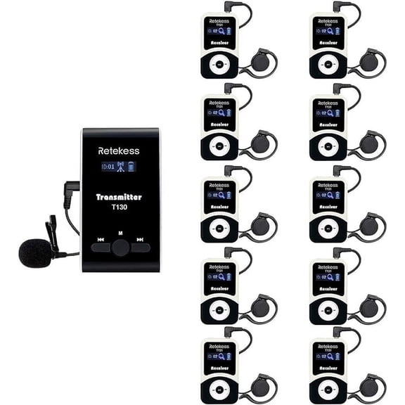 Retekess T130 Black ABS Wireless Audio Tour Guide System - 1 pack (1 Transmitter + 10 Receivers) - for Church, Court, Training & Interpretation