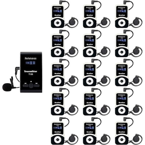 Retekess T130 Wireless Tour Guide System Headsets,99 Channels,1 Transmitter and 15 Receiver for Speakers