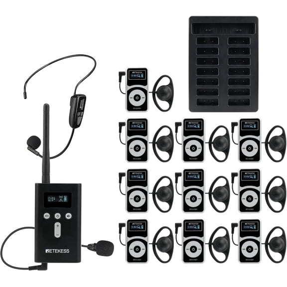 Retekess T130P Tour Guide System, Wireless Tour Guide Headsets, 3th Generation T130, Graded Noise Reduction, Long Standby 36h Translation Device for Church, Factory (1 Transmitter 10 Receivers)