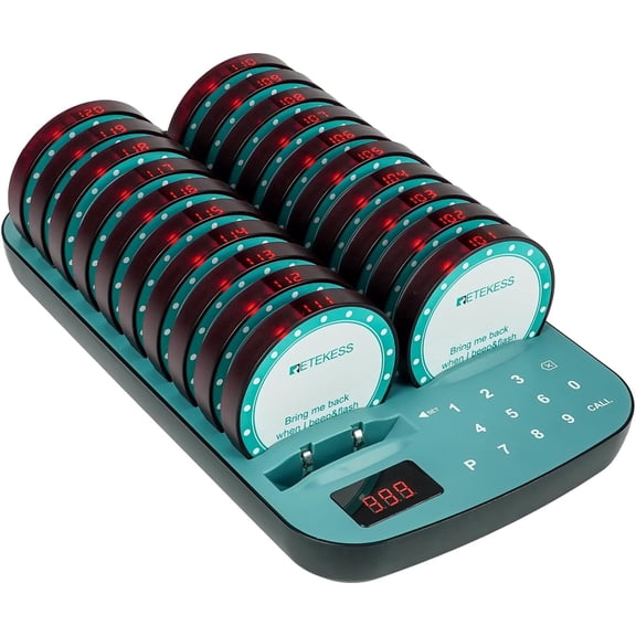 Retekess TD167A Restaurant Pager System, Rugged Buzzer, 1640ft Long Range, Independent Coding Slot, 25 Hours Standby Time, 20 Coaster Pager for Food Truck, Church, Nursery