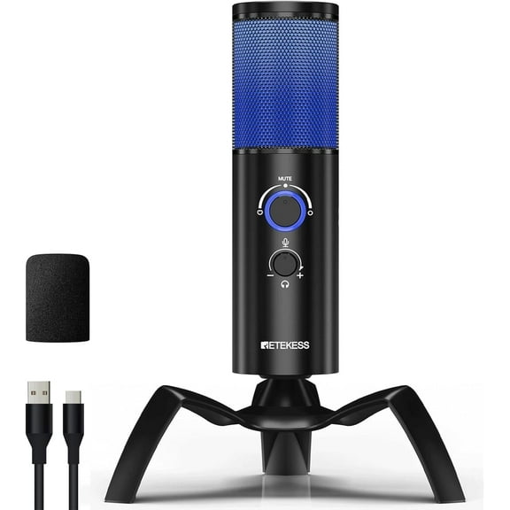Retekess TG101 Gaming Microphone,USB Condenser Microphone, RGB Indicator, 2 Capsule Array - 96dB S/N Clear Sound Quality, Sturdy Metal Body, Built-in Shock Mount, Mic for PC, PS4/5