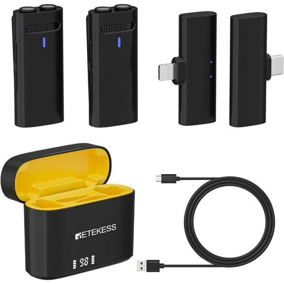 Retekess TG103 (2TX+2RX) Wireless Lavalier Microphone for iPhone/Android, Dual Mic Capsules, 3-Level Volume, 40H Battery Life with Charging Case, Mini Lapel Mic for Dual-Person Video Recording