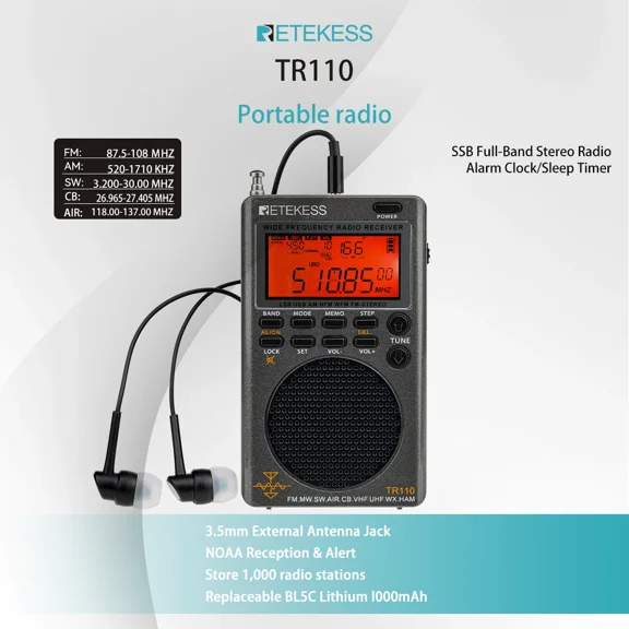 Retekess TR110 Shortwave Radio, Full Band Radio, AM/FM/SW/MW/AIR/CB/VHF(UHF)/WX /NOAA/SSB/LSB/Alarm Clock