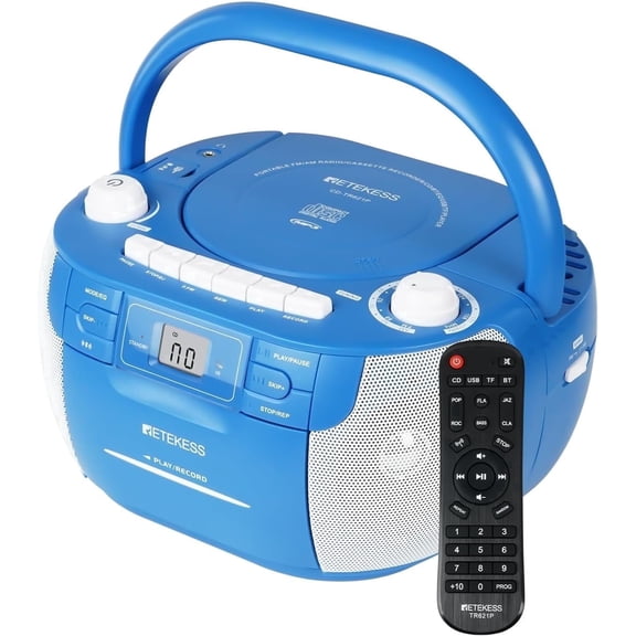 Retekess TR621P CD Player Boombox, Cassette Tape Player | for Home, Bluetooth, AM/FM, Remote Control, Stereo Sound, Tape Recording, USB/TF Playback, AC/D Battery Powered