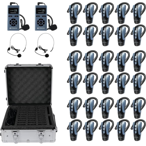 Retekess TT106S Ear hook Tour Guide System, Whisper System Mic, Clear Sound Quality, Lightweight and Portable, Ultra-long Battery Life, Tour Group Headsets for Factory (2 Transmitters 30 Receivers)