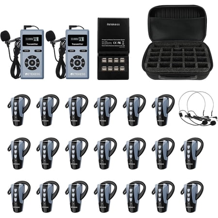 Retekess TT106S Tour Guide Headsets, One-Key Mute, 200m/656ft, 50H Long Battery, Tour Guide Microphone and Speaker for Factory, School, 1 Charger and 20-Slot Carry Bag (2 Transmitters 20 Receivers)