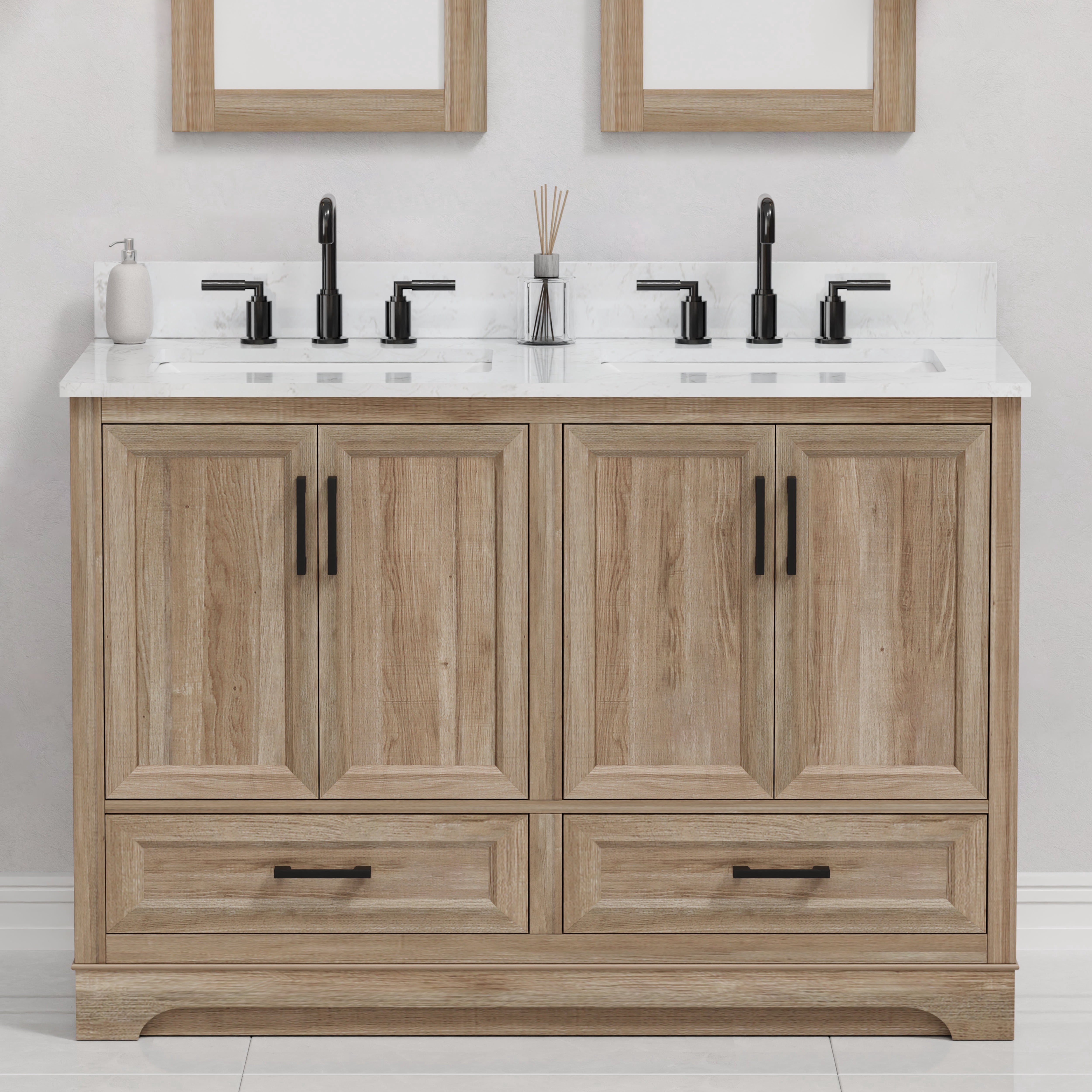 Retford 48" Double Bathroom Vanity, 49" W x 22" D x 34.5" H, Carrara White Engineered Marble Top with 2 Sinks & Backsplash, Light Wood, MDF, Pre-Assembled, Soft-Closing Drawers and Doors.