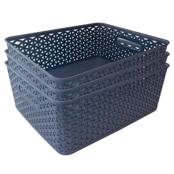 Rethink Your Room Set of 3 Large Plastic Open Storage Basket, 14 x 11.5 x 5 Inches, Durable Pantry and Kitchen Organization Bins for Organization, Desktops Countertops Bathroom Home, Navy