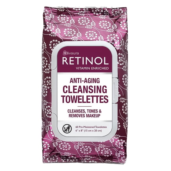 Retinol Anti-Aging Cleansing Towelettes All-in-One Cleanser, Toner & Makeup Remover in a Convenient Pre-Moistened Wipe On-The-Go Exfoliating, Toning & Hydrating Leaves Skin Clean, Fresh & Refined