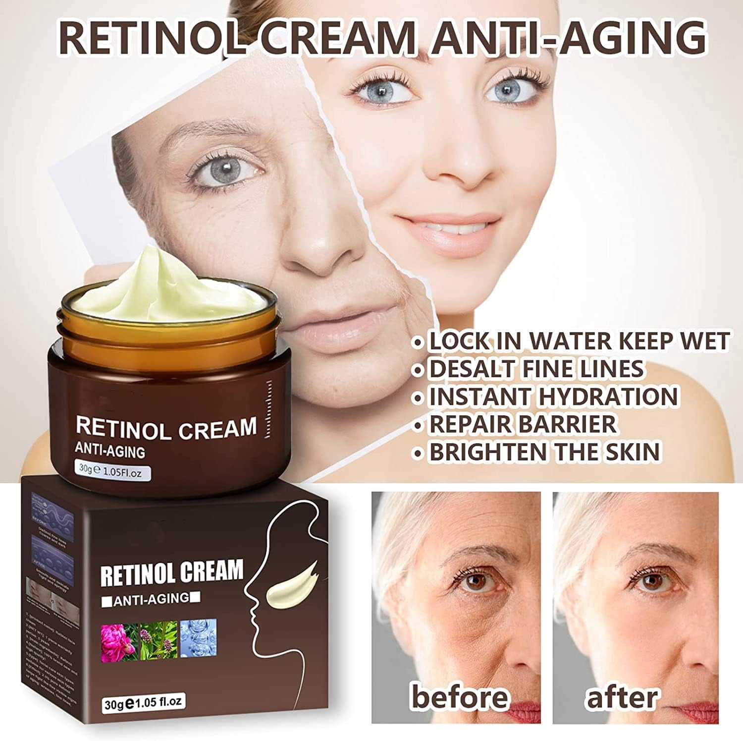 Retinol Face Cream, Instant Anti-Aging Retinol Face Cream Wrinkle Cream,Firming Cream for Women ,Anti Aging with Hyaluronic Acid ,Hyaluronic Acid, Vitamin A, Vitamin E Anti Wrinkle Retinol-1PCS