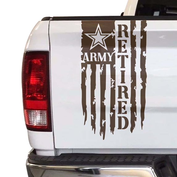 Retired Army Veteran Distressed American USA US Flag Truck Tailgate Vinyl Decal Compatible with most Pickup Trucks - U.S. Army Sticker USAF USMC US Navy Decal (11" x 20", Brown)