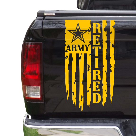 Retired Army Veteran Distressed American USA US Flag Truck Tailgate Vinyl Decal Compatible with most Pickup Trucks - U.S. Army Sticker USAF USMC US Navy Decal (11" x 20", Yellow)