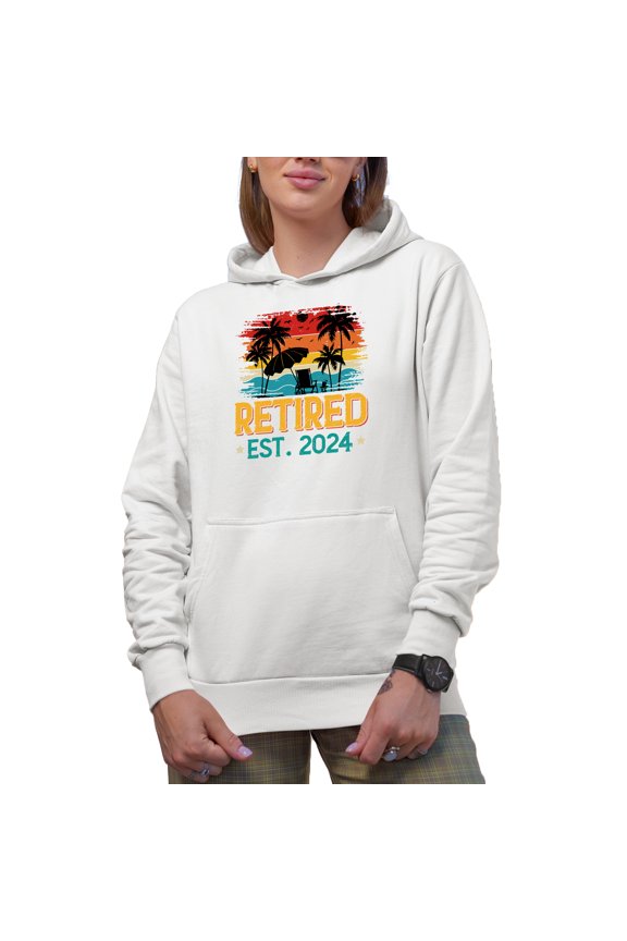 Retired Est. 2024 feat. a Beach Chair, Umbrella & Palm Trees, Retirement Themed, White Hooded Sweatshirt or Hoodie, 3XL